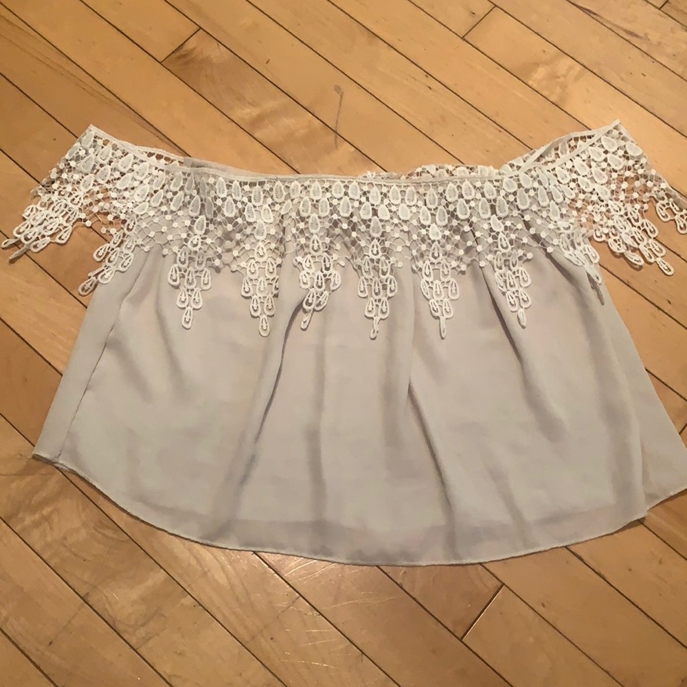 Beige crop top with lace detailing off the shoulder